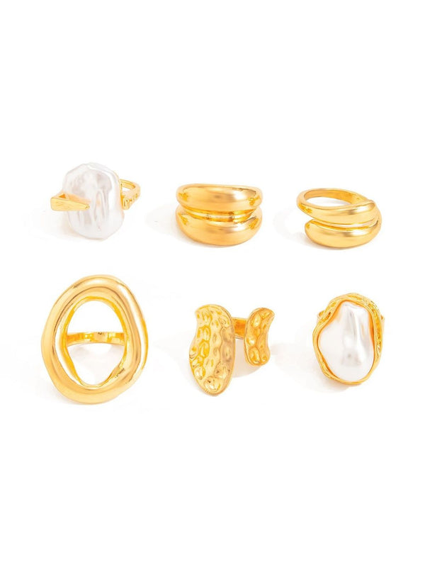Set Of 6 Gold-Plated Beaded Adjustable Finger Rings