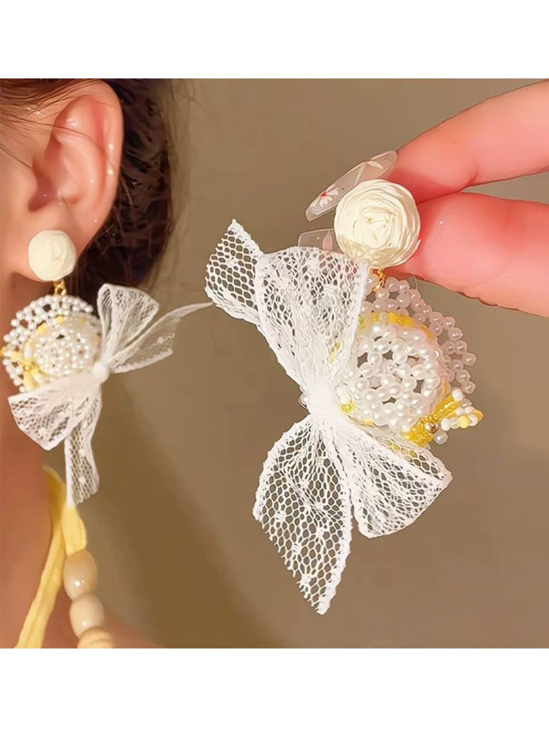 Artificial Stones Studded & Beaded Floral Shaped Drop Earrings