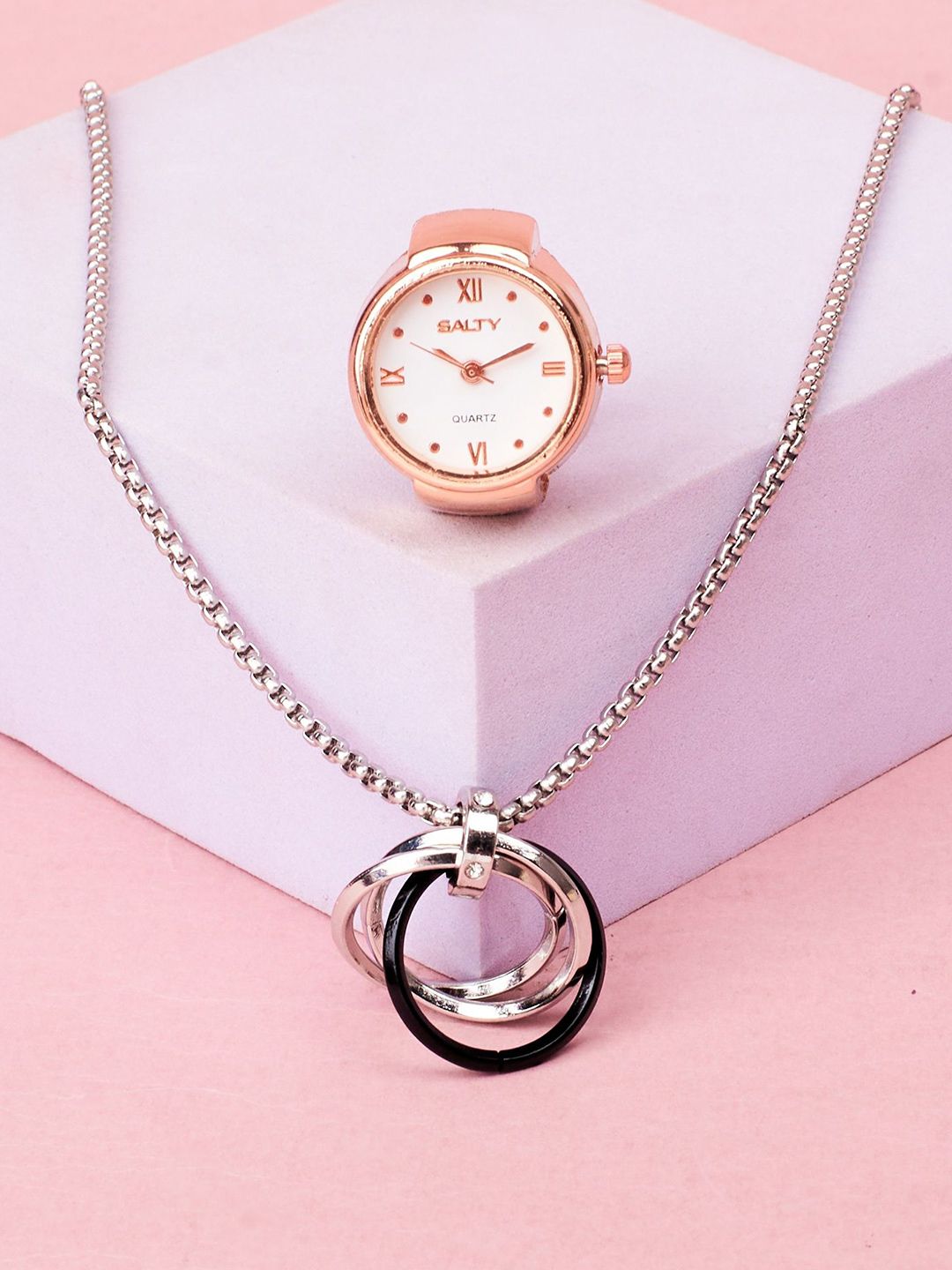 SALTY Stones Studded Rocky & Girl Boss Pendant Chain & Watch Ring Jewellery Set