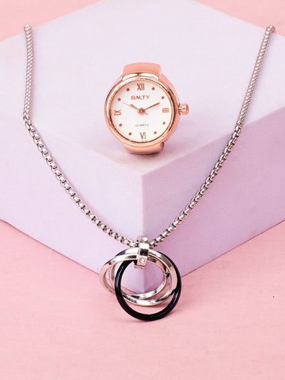 SALTY Stones Studded Rocky & Girl Boss Pendant Chain & Watch Ring Jewellery Set