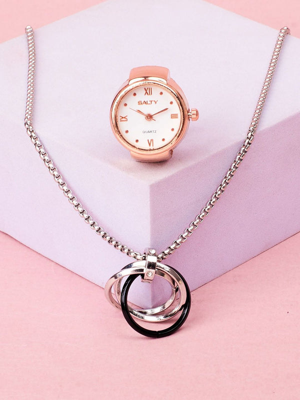 SALTY Stones Studded Rocky & Girl Boss Pendant Chain & Watch Ring Jewellery Set