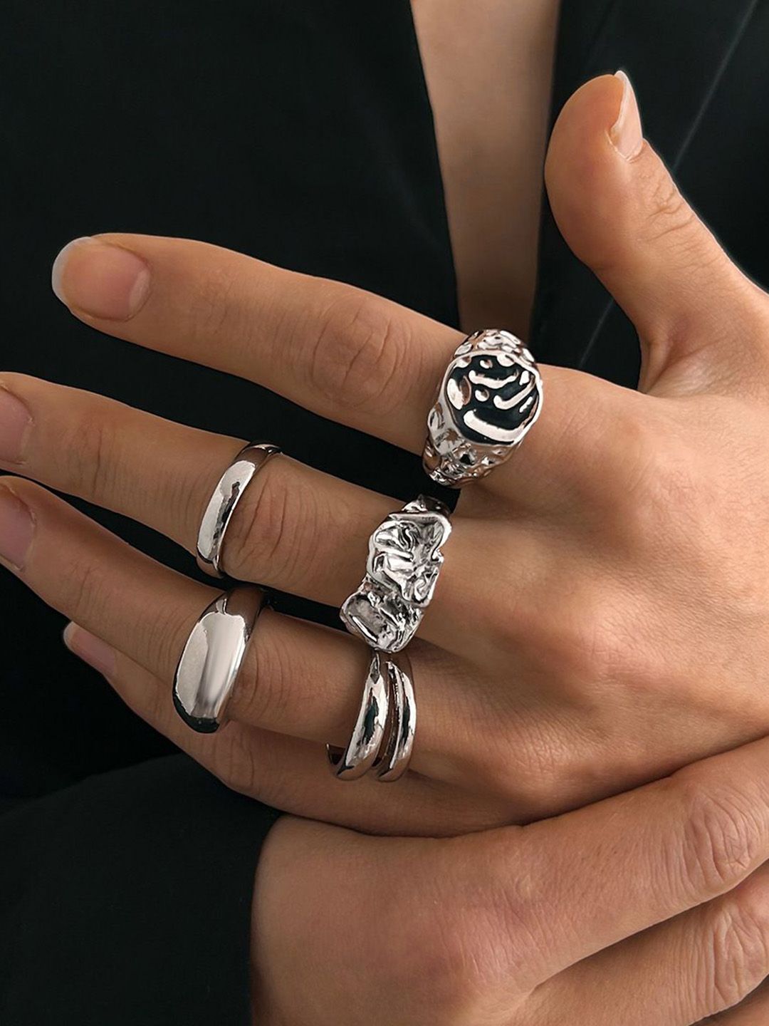 Men Pack of 5 Silver-Plated Finger Rings