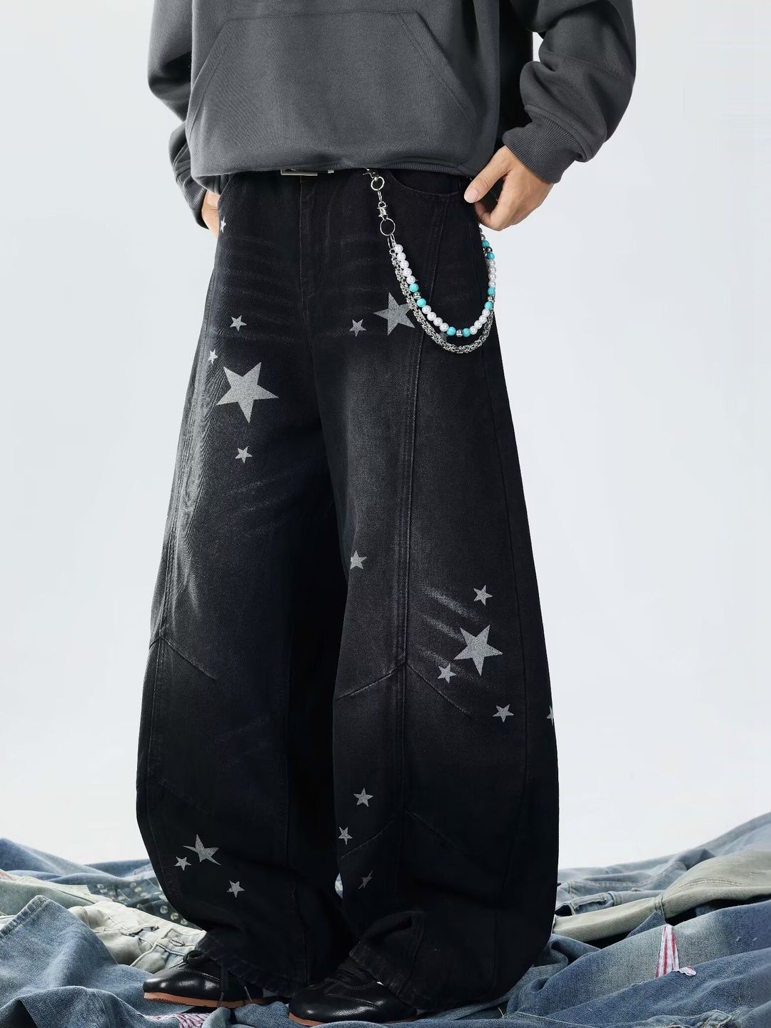 Men Wide Leg Mid-Rise Light Fade Printed Jeans
