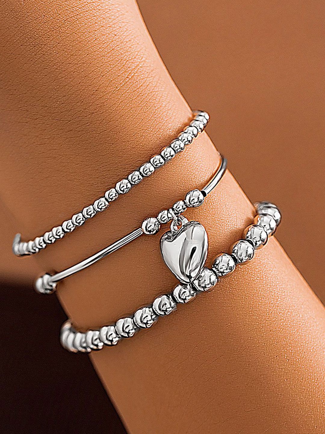 Women 3 Hand Painted Silver-Plated Charm Bracelet