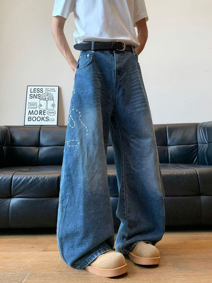 Men Wide Leg Mid-Rise Heavy Fade Cotton Jeans
