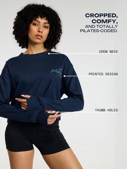 Women Navy Pilates Club Cropped Cotton Sweatshirt with Thumbholes