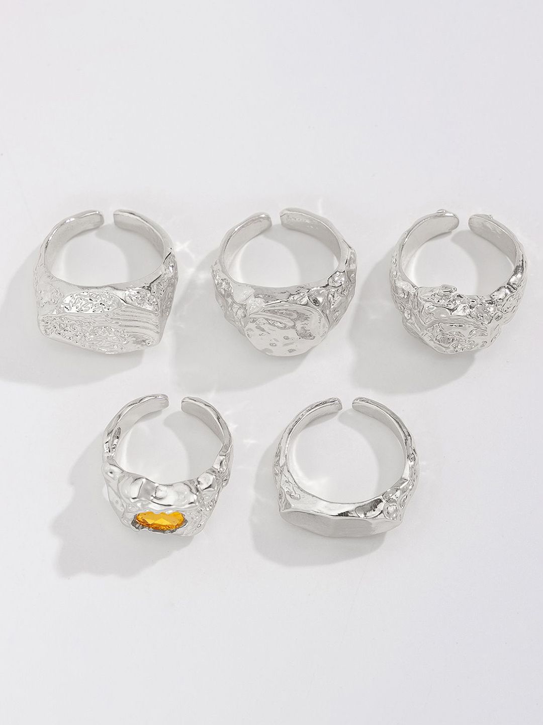 Men Set Of 5 Silver-Plated Stones-Studded Adjustable Finger Rings