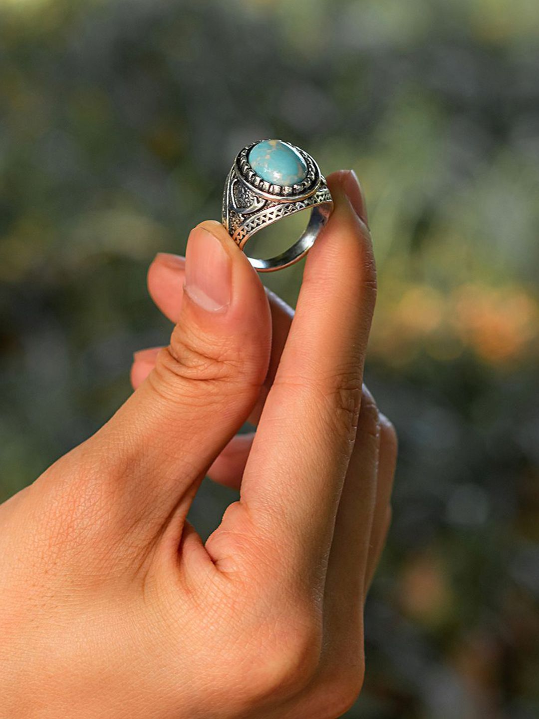 Silver-Plated Stone-Studded Adjustable Finger Ring