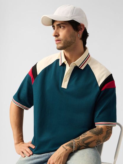 Men Colourblocked Polo Collar Drop-Shoulder Sleeves T-shirt