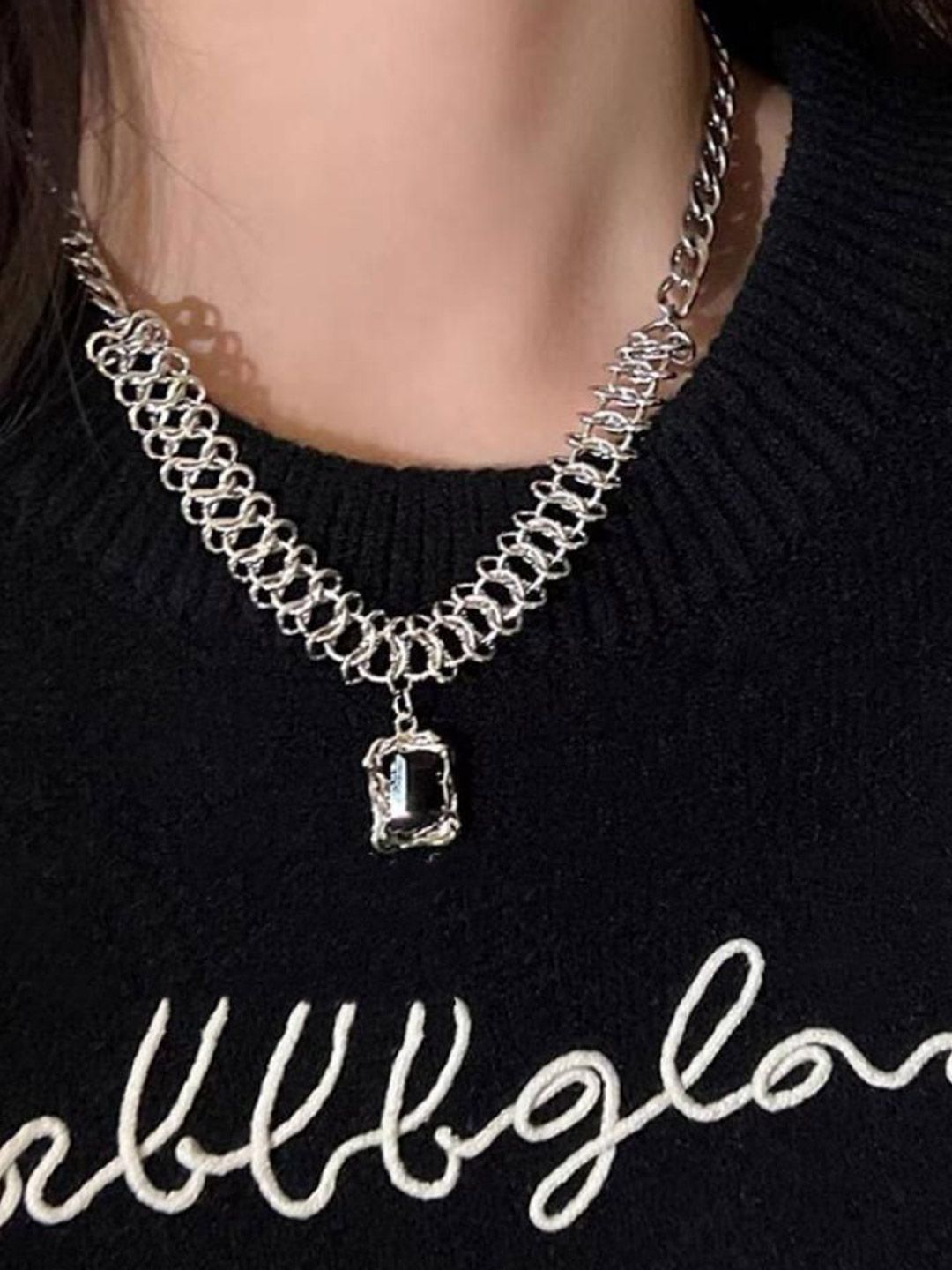 SALTY Stainless Steel Stone-Studded Textured Chain