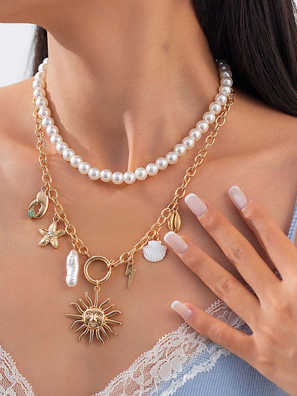 Set Of 2 Gold-Plated Stones Studded Statement Necklace & Chain