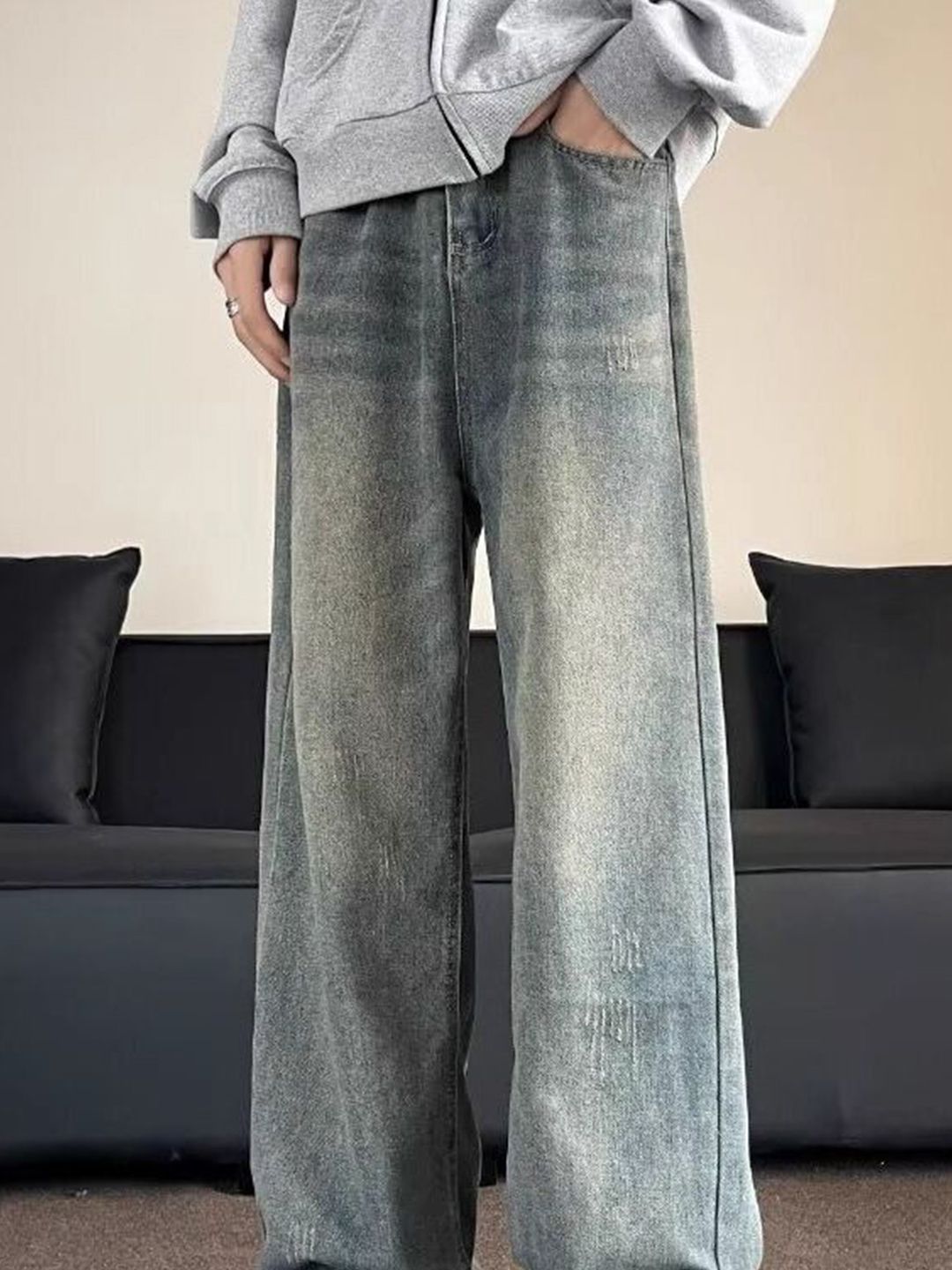 Men Wide Leg Mid-Rise Medium Shade Jeans