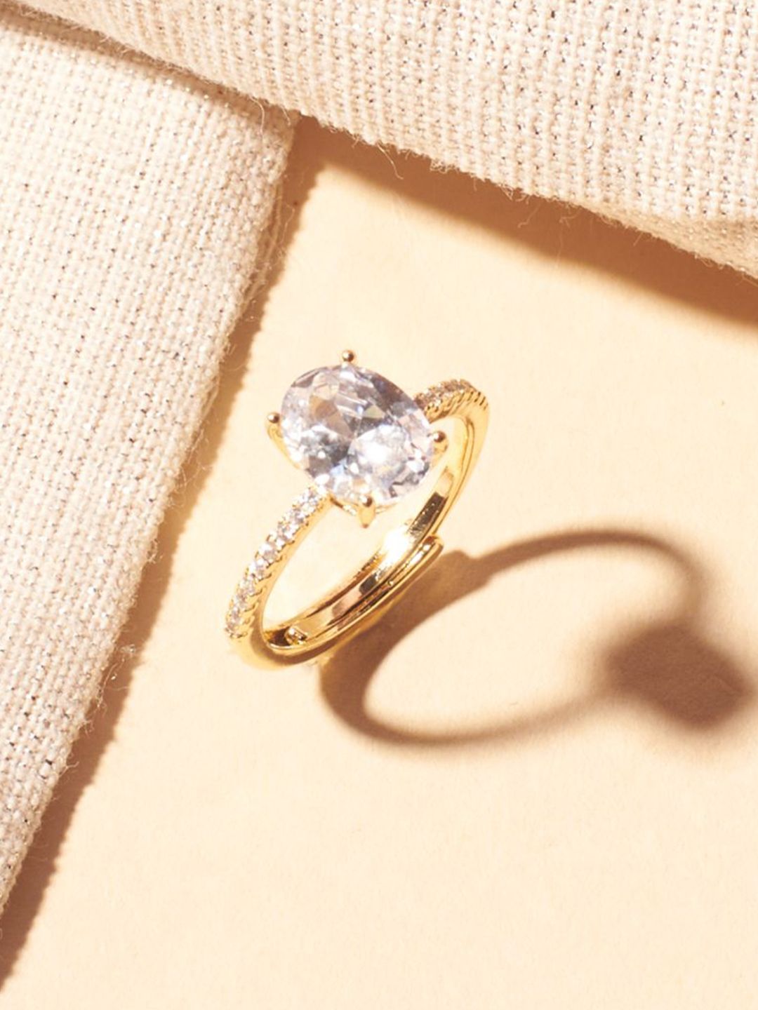 SALTY Golden Oval-Cut American Diamond Studded Ring For Women & Girls