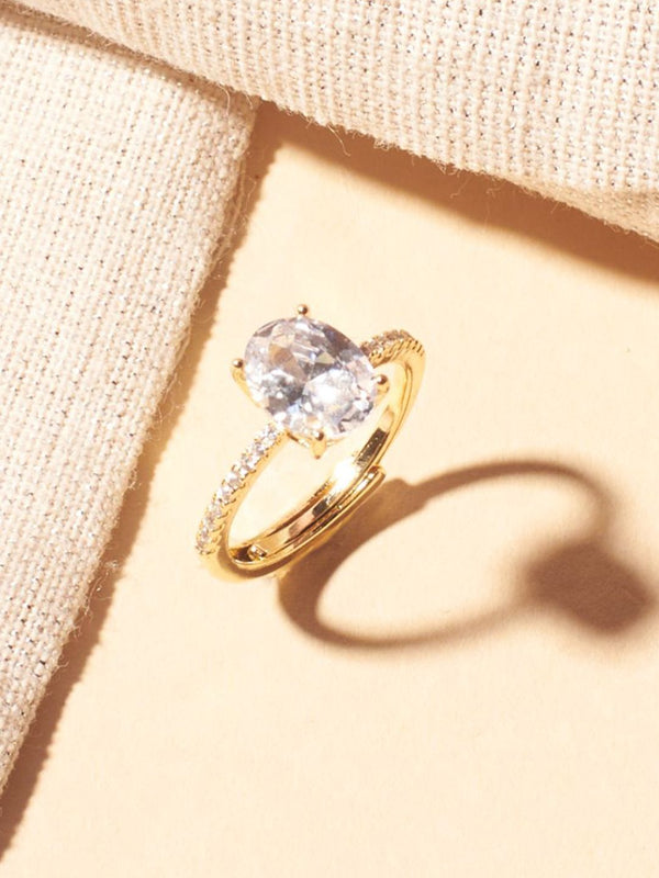 SALTY Golden Oval-Cut American Diamond Studded Ring For Women & Girls