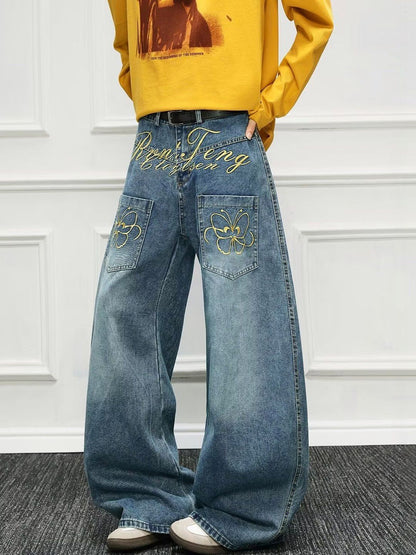 Men Wide Leg Mid-Rise Light Fade Printed Jeans