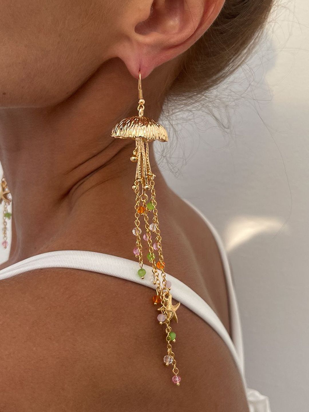 Gold Plated Artificial Beaded Contemporary Drop Earrings