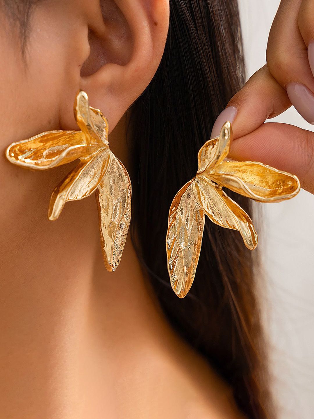 Gold-Plated Leaf Shaped Chunky Drop Earrings