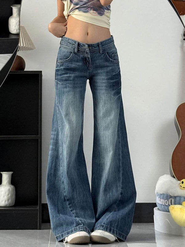 Women Wide Leg Low-Rise Cotton Light Fade Jeans