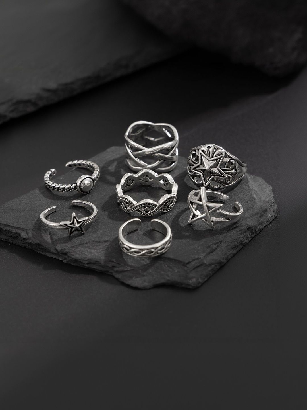 Men Set Of 7 Silver-Plated Finger Ring