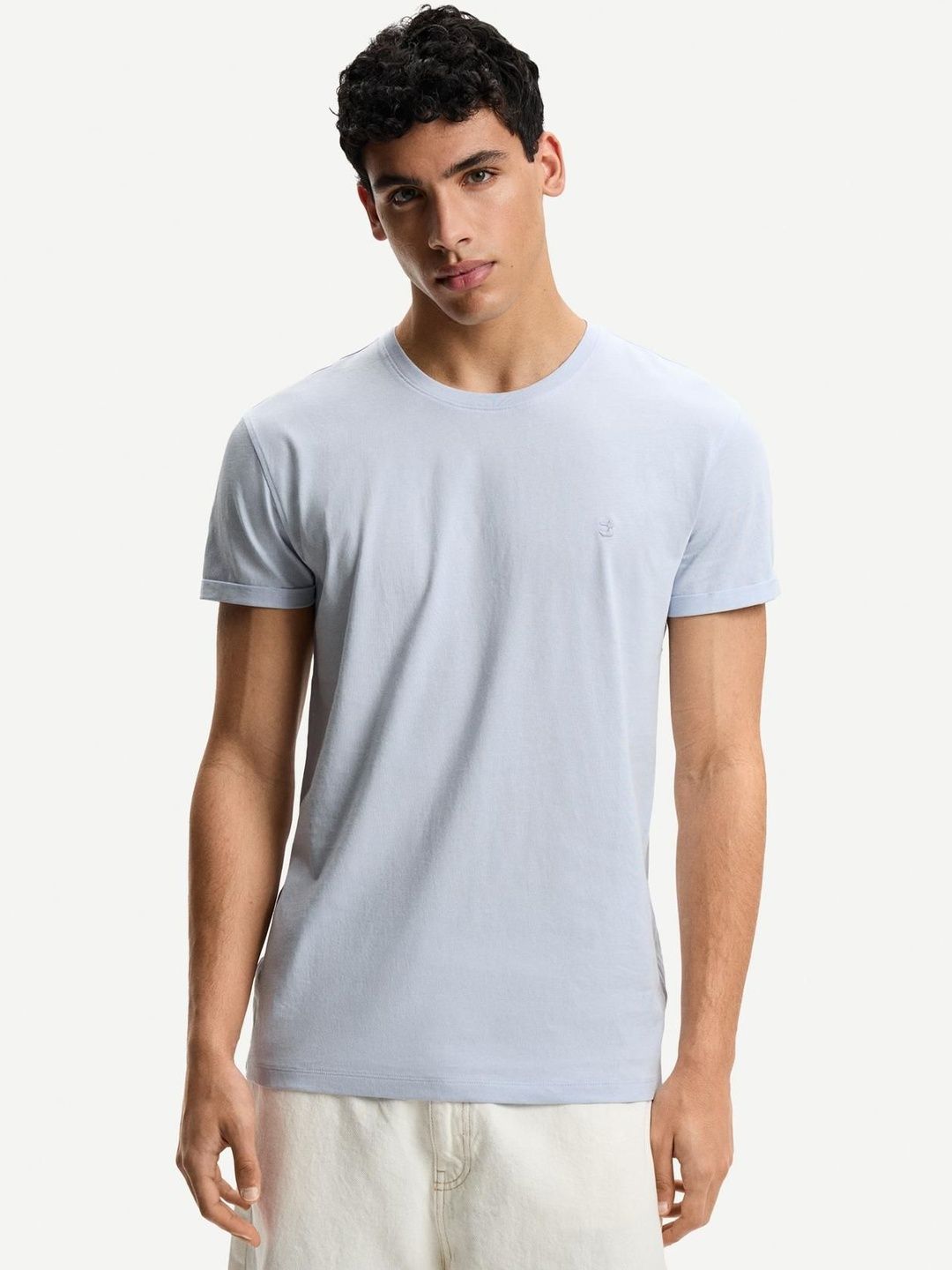 Embroidered short sleeve roll-up T-shirt