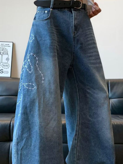 Men Wide Leg Mid-Rise Heavy Fade Cotton Jeans