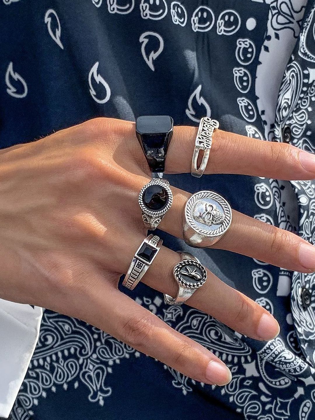Men Set Of 6 Silver-Plated Stones-Studded Finger Rings