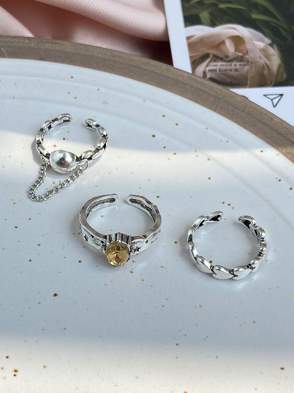 Set of 3 Silver-Plated Stone-Studded Finger Rings