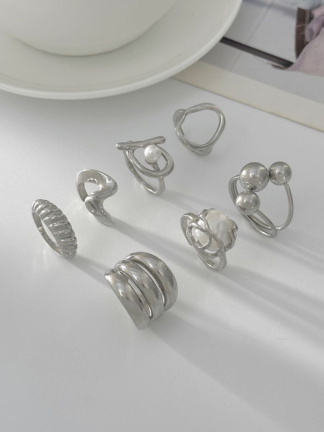 Set Of 7 Silver-Plated Finger Rings
