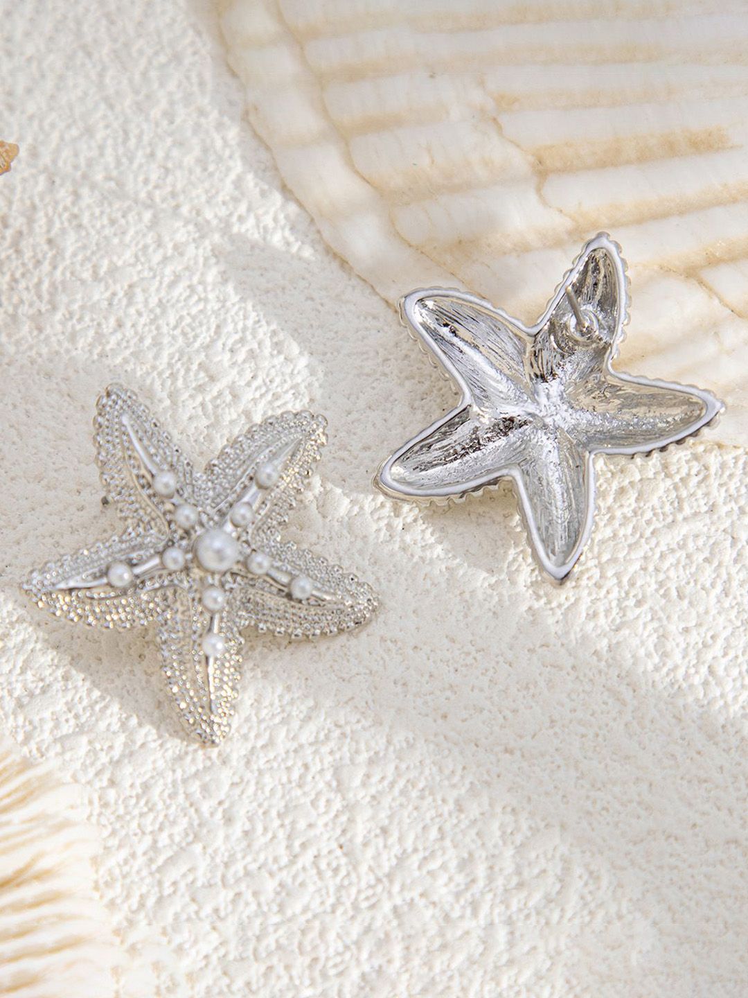 Silver-Plated Pearls Beaded Star Shaped Studs