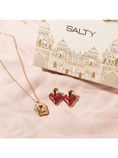 SALTY Sunburst Red Heart Pendant Necklace & Love in Cherry Earrings Jewellery Set