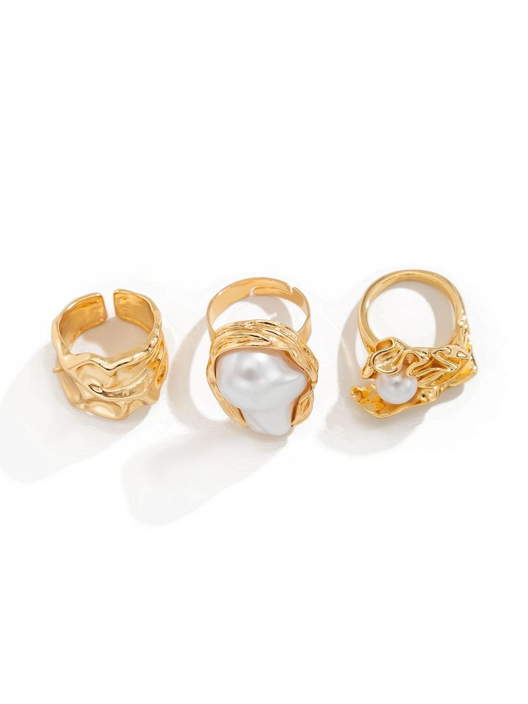 Set of 3 Gold-Plated Pearl-Studded Finger Ring