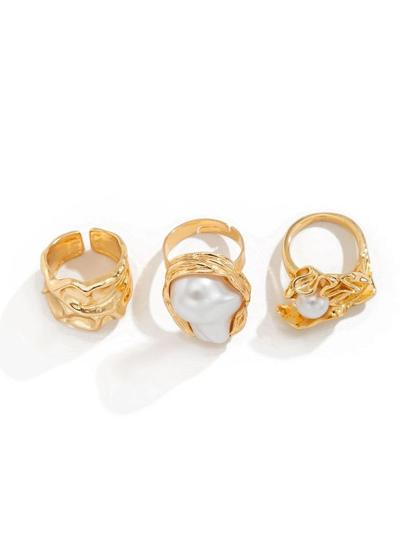 Set of 3 Gold-Plated Pearl-Studded Finger Ring