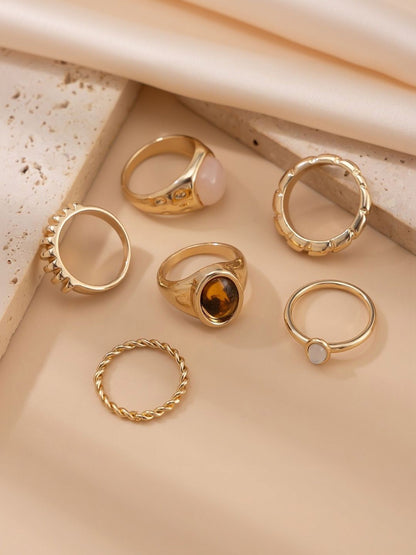 Set of 6 Gold-Plated Stone-Studded Finger Ring
