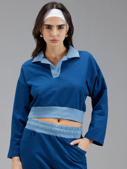 Women Boxy Polo Solid Sweatshirt