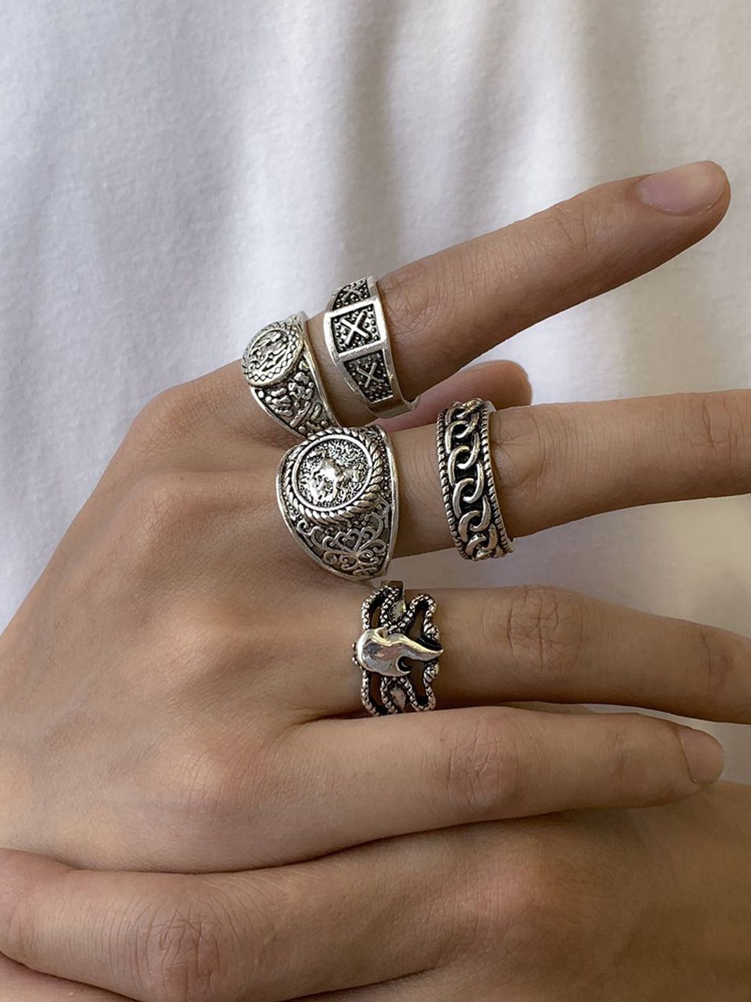Men Pack of 5 Silver-Plated Finger Rings