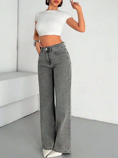 Women Classic Wide Leg Mid-Rise Stretchable Jeans