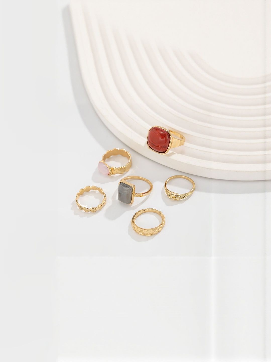 Women Set Of 6 Gold-Plated Stones Studded Finger Ring