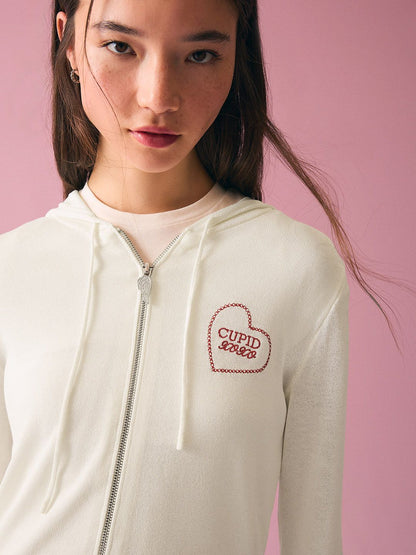 Zip-up print hood sweatshirt