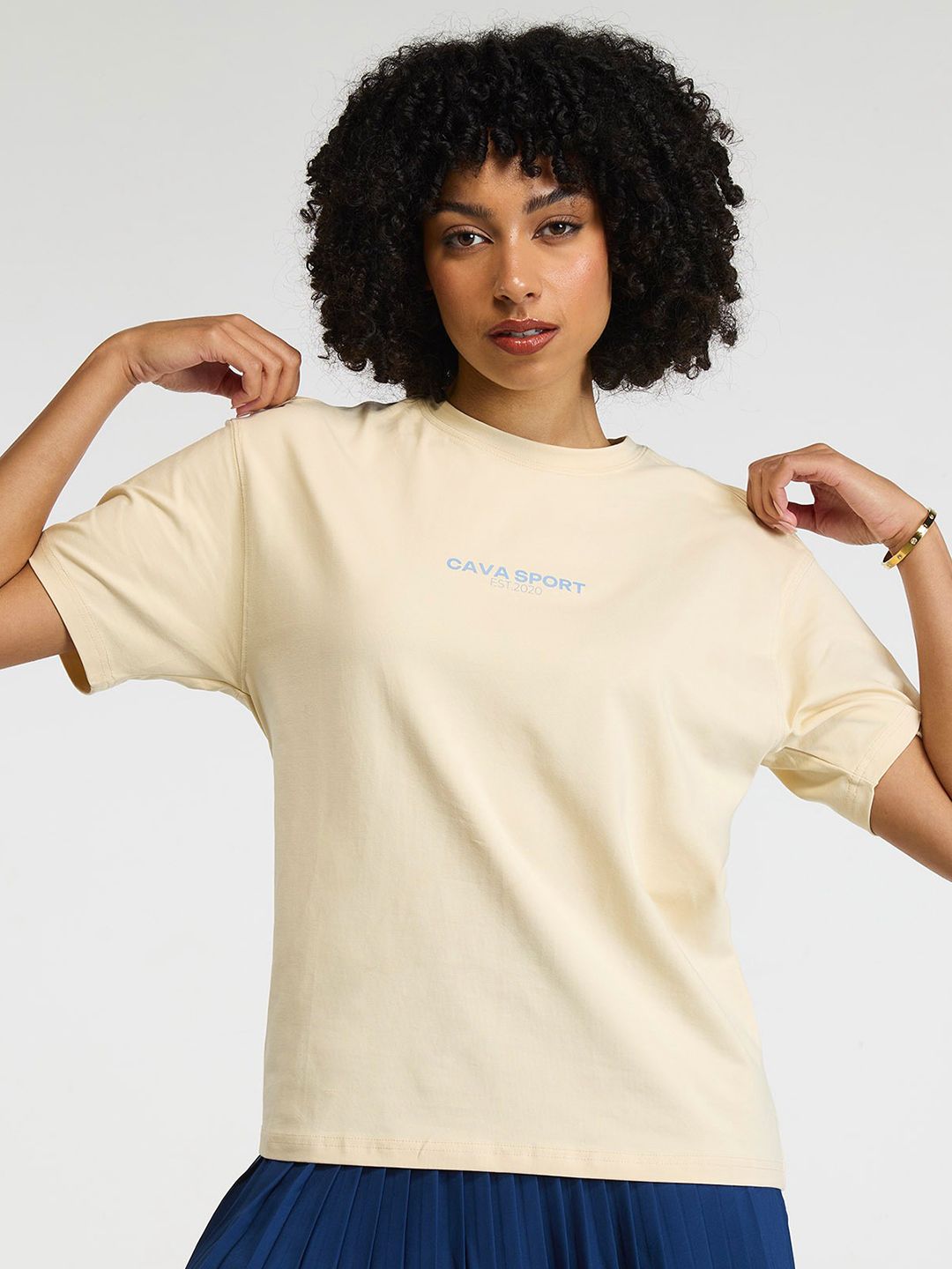 Women Cream Cava Sport Oversized Printed Cotton-Spandex Tee