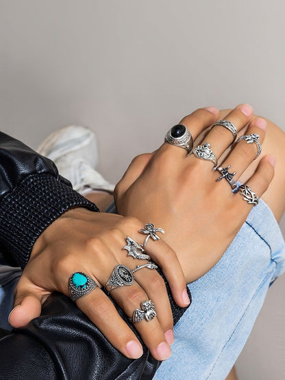 Men Set Of 11 Silver-Plated Stone-Studded Finger Ring