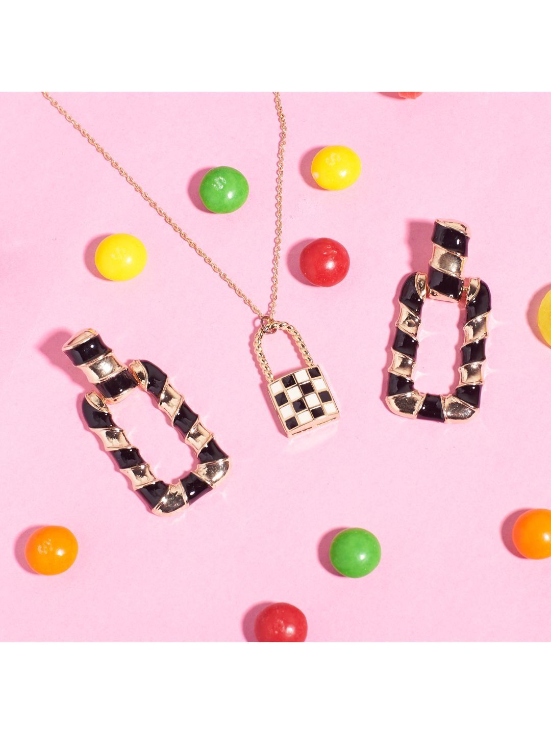 SALTY Black & White Checked & Lock Retro Necklace & Earrings