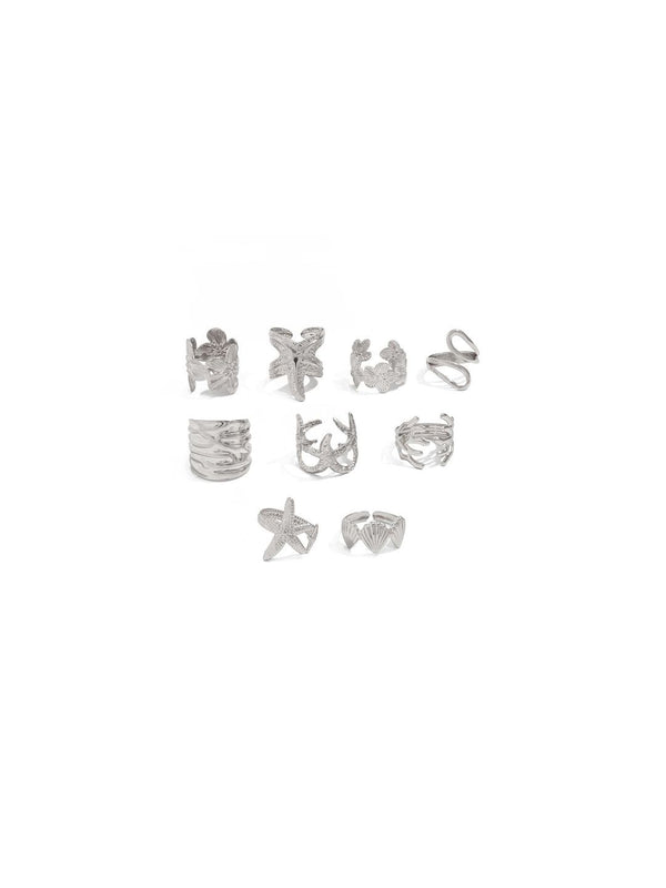Women Set Of 9 Silver-Plated Adjustable Finger Rings