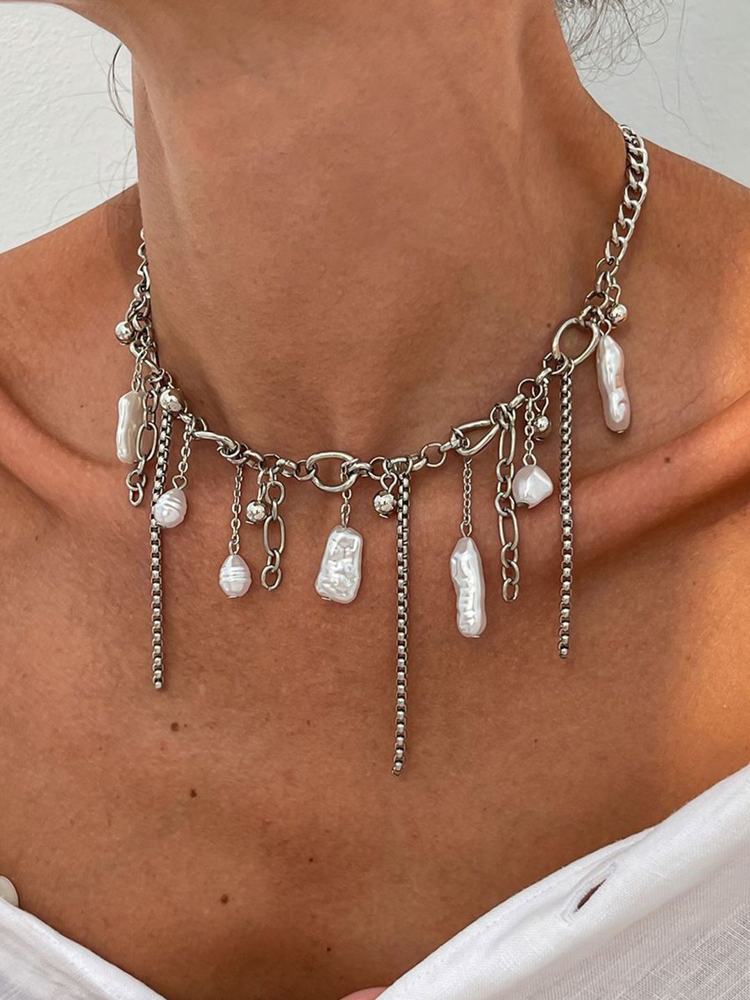 Silver-Plated Artifcial Beaded Tasselled Statement Necklace