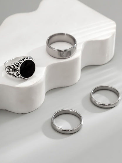 Men Pack of 4 Silver-Plated Stone Studded Finger Rings