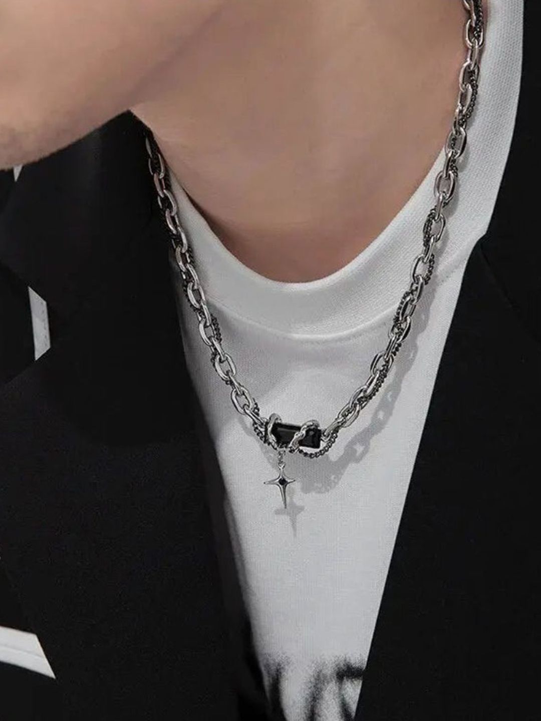 SALTY Men Stainless Steel Crucible Cross Layered Chain And Bracelet Set