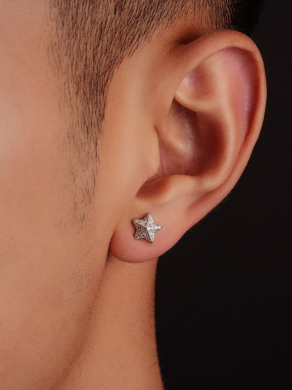 Men Silver Plated Zircon Studded Star Shaped Studs