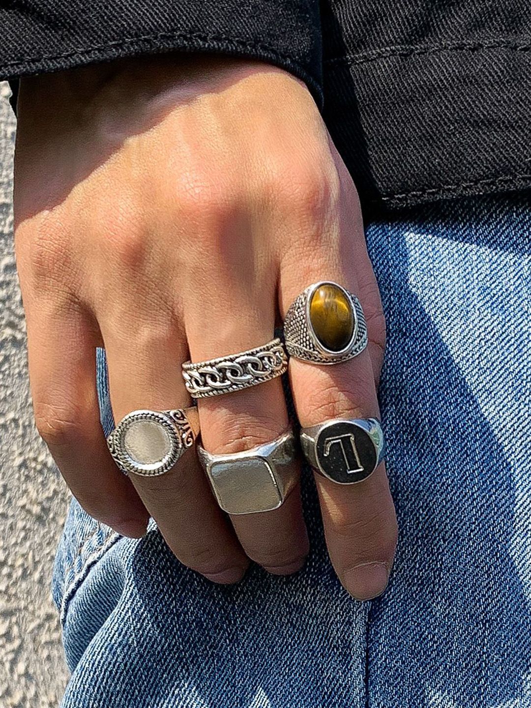 Set Of 5 Silver-Plated Finger Ring