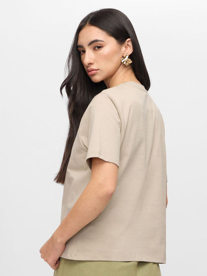 Women Relaxed Fit Printed Beige T-Shirts