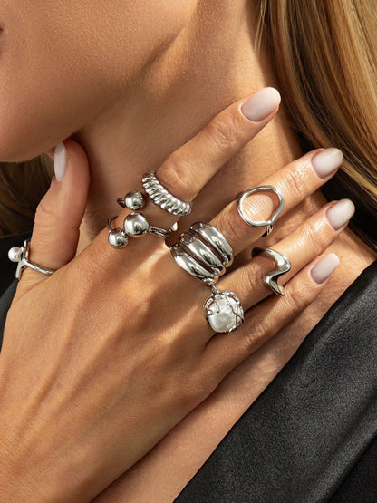Set Of 7 Silver-Plated Finger Rings