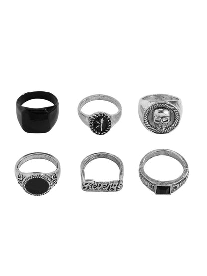 Men Set Of 6 Silver-Plated Stones-Studded Finger Rings